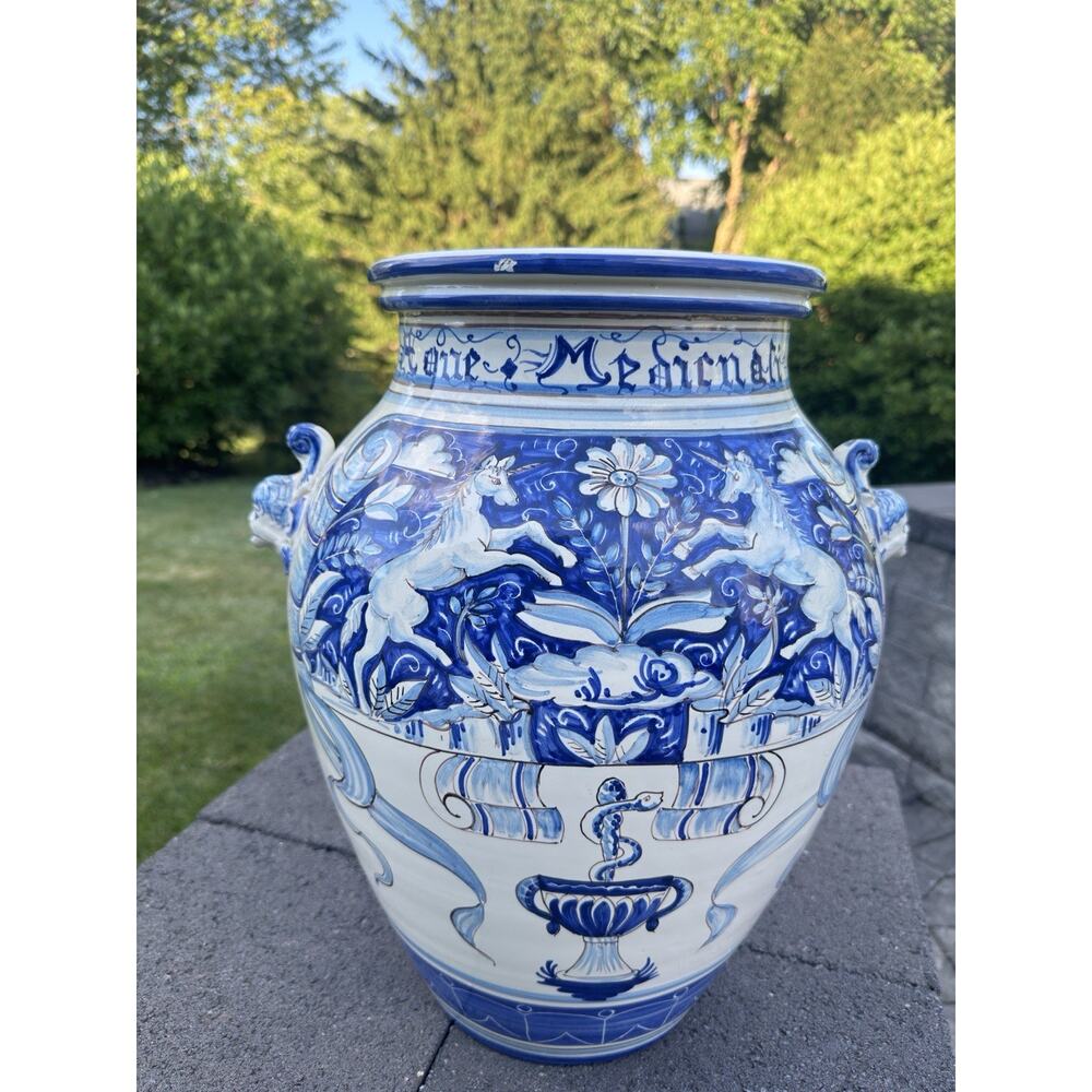 VTG Italian Majolica Blue & White Apothecary Jar Urn Unicorn Medicinali 18.5” - Picture 2 of 12